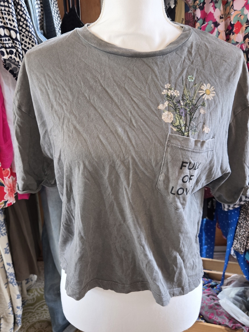 Love Nation Olive Gray Floral Pocket Tee